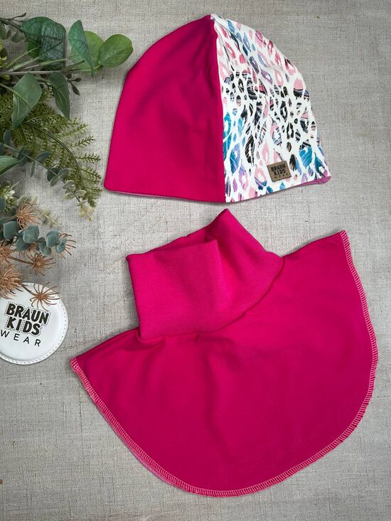 Starpsezonas beanie cepure + apkakles šalle Fuksiju rozā ar raibu 52-54.izm